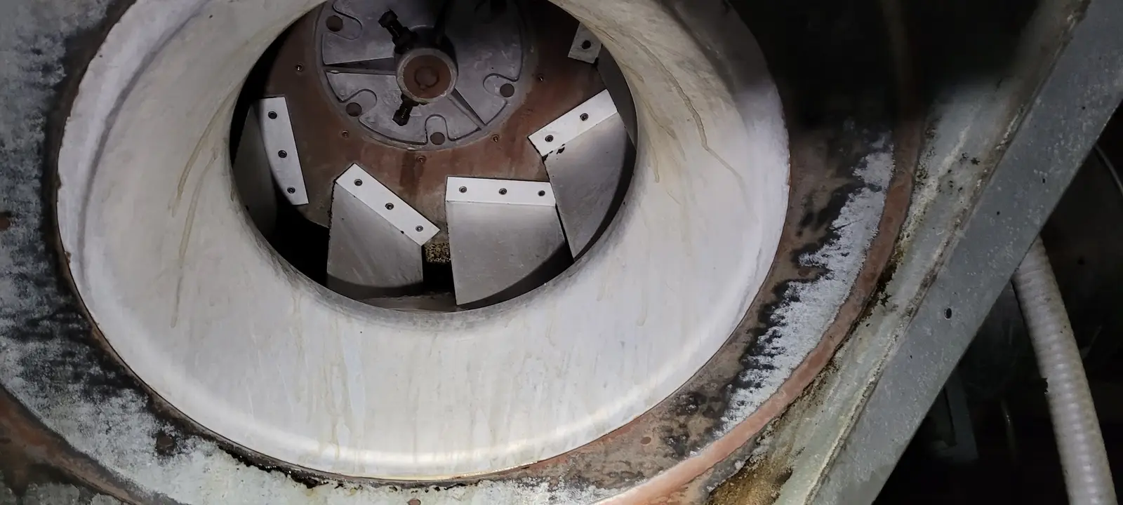 Looking into a commercial exhaust fan housing with grease and mold built up around the inlet ring
