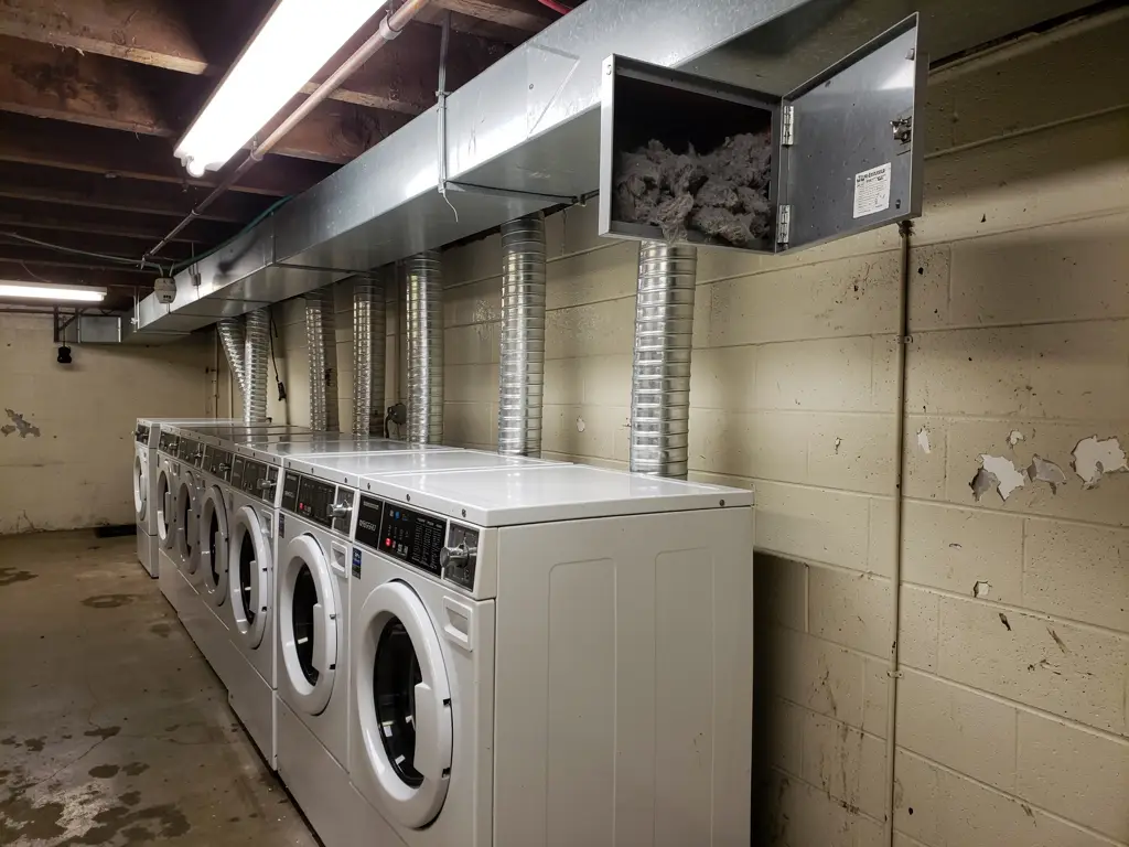 Commercial laundry room with galvanized dryer exhaust ducts rising to a ceiling vent run, one access panel open on packed lint