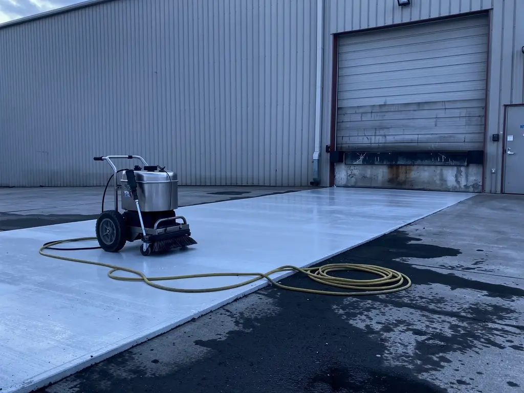 Warehouse loading-dock apron half pressure-washed, a surface cleaner and coiled hose on the wet concrete