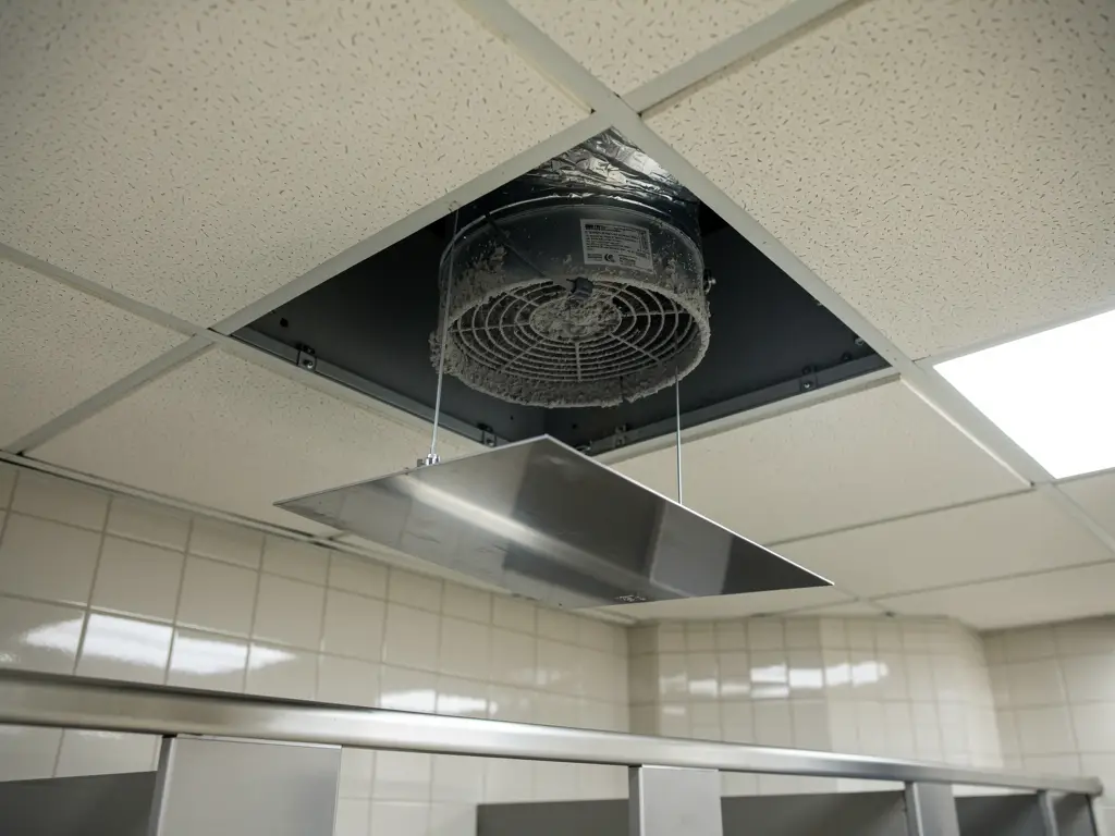 Commercial restroom ceiling with the exhaust grille lowered and a dusty inline exhaust fan above